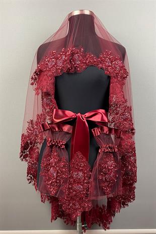 Bordo Vip Model Gelin Kına Duvağı Yüz Örtüsü