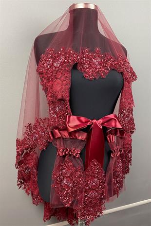 Bordo Vip Model Gelin Kına Duvağı Yüz Örtüsü