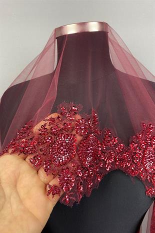Bordo Vip Model Gelin Kına Duvağı Yüz Örtüsü