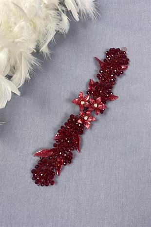 Bordo Yaprak ve Kristal Boncuklu Gelin Saç ve Türban Aksesuarı