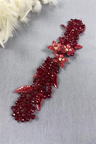 Bordo Yaprak ve Kristal Boncuklu Gelin Saç ve Türban Aksesuarı