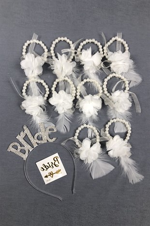 Bride Crown and White Flower Bridesmaid Bracelet Set