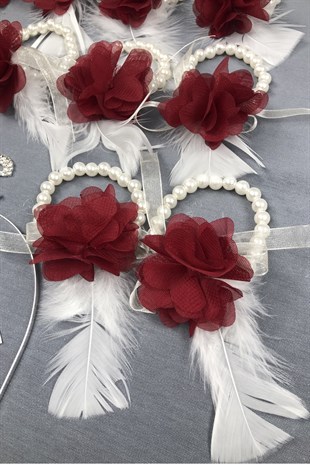 Bride Crown and Claret Red Laser Flower Bridesmaid Bracelet Set