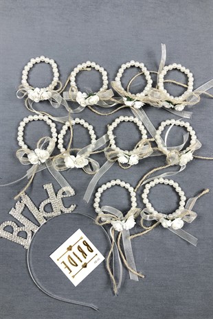 Bride Crown and Straw Flower Bridesmaid Bracelet Set