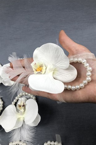 Bride Taç ve Orkide Çiçekli Nedime Bileklik Seti