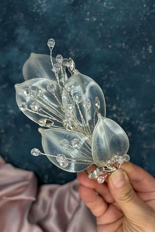 Büyük Şeffaf Yaprak Sedefli Gelin Saç Ve Türban Aksesuarı