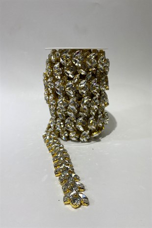 Shiny Evening Dress with Glass Stone and Shuttle Stone Strip Applique