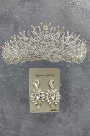 Canis Model Gelin Tacı Ve Damla Taşlı Küpe