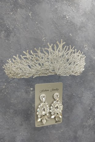 Canis Model Gelin Tacı Ve Mekik Damla Taşlı Küpe