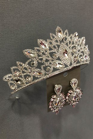 Cennet Gümüş Rengi Gelin.Kına Tacı ve Küpe Takımı