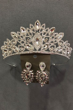 Cennet Gümüş Rengi Gelin.Kına Tacı ve Küpe Takımı