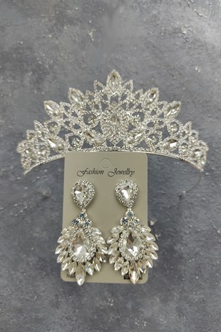 Cennet Model Gelin Tacı Ve Damla Mekik Taşlı Küpe