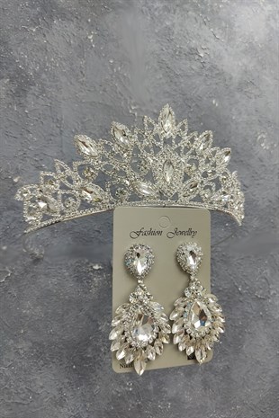 Cennet Model Gelin Tacı Ve Damla Mekik Taşlı Küpe