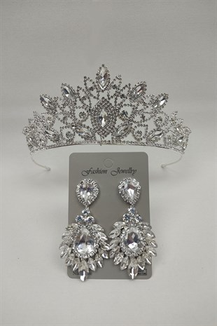 Cennet Model Gelin Tacı Ve Damla Mekik Taşlı Küpe