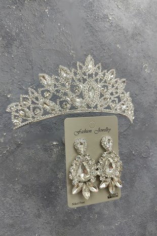 Cennet Model Gelin Tacı Ve Mekik Damla Taşlı Küpe