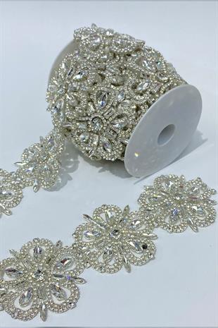 Çiçek Desen Taşlı Şerit Aplik Bordür