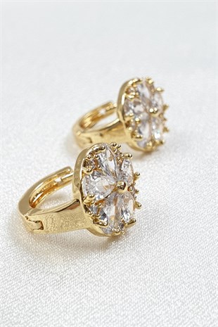 Çiçek Desenli Gold Asel Taşlı Küpe