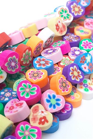 Çiçek Desenli Kalp Model Fimo Hamur Boncuk
