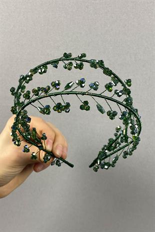 Çift Sıralı Leva Kristal Boncuklu Gelin Kına Tacı