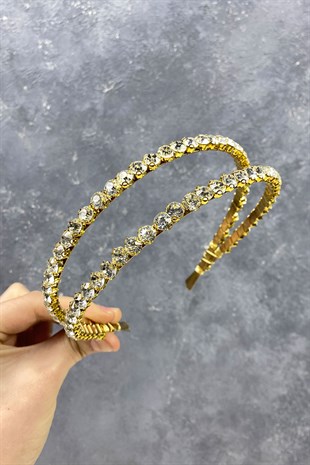 Çift Sıralı Parlak Taşlı Saç Aksesuarı Gelin Tacı