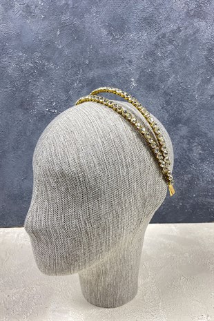 Çift Sıralı Parlak Taşlı Saç Aksesuarı Gelin Tacı