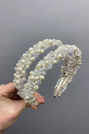 Çift Sıralı Yogun Boncuklu Gelin Tacı Saç Aksesuarı