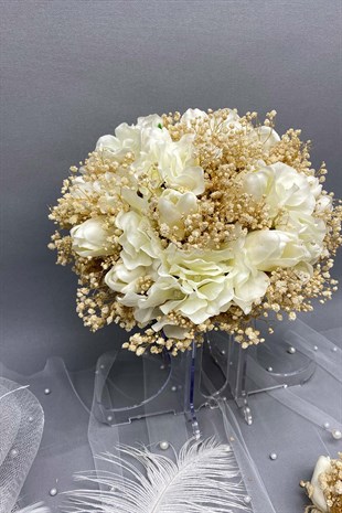 Cipso ve Laleli Gelin Çiçeği Nikah Şapkası ve Gelin Eldiveni Seti