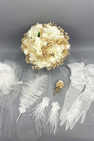 Cipso ve Laleli Gelin Çiçeği Nikah Şapkası ve Gelin Eldiveni Seti