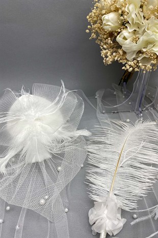 Cipso ve Laleli Gelin Çiçeği Nikah Şapkası ve Gelin Eldiveni Seti