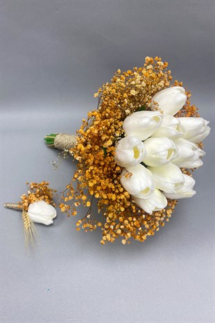 Cipsolu Başaklı Islak Laleli Gelin Çiçeği ve Damat Yaka Çiçeği