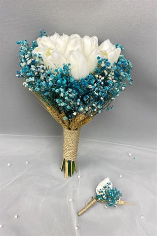 Wet White Tulip Bride Flower and Groom Boutonniere with Gypsum