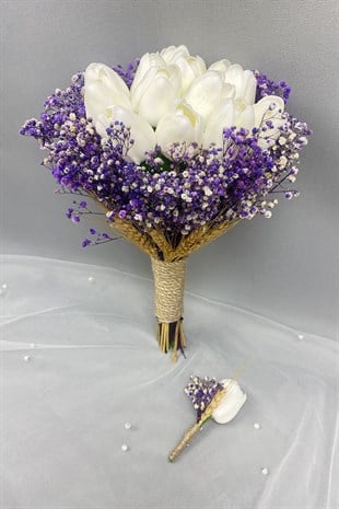 Wet White Tulip Bride Flower and Groom Boutonniere with Gypsum
