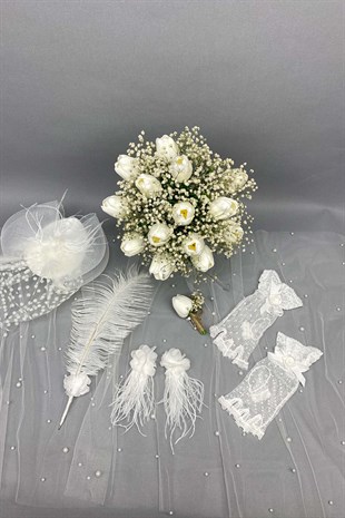 Cipsolu Islak Laleli Gelin Çiçeği,Nikah Şapkası ve Gelin Eldiveni Seti