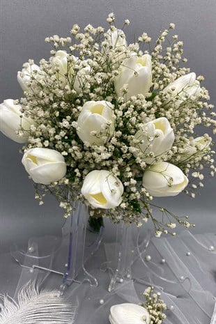 Cipsolu Islak Laleli Gelin Çiçeği,Nikah Şapkası ve Gelin Eldiveni Seti