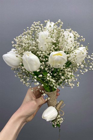 Cipsolu Islak Laleli Gelin Çiçeği,Nikah Şapkası ve Gelin Eldiveni Seti