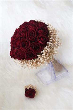 Cipsolu Koyu Kırmızı Kadife Güllü Gelin Buketi Gelin El Çiçeği Düğün Çiçeği