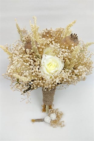 Cipsolu Krem Gül Gelin Buketi Ve Damat Yaka Çiçeği