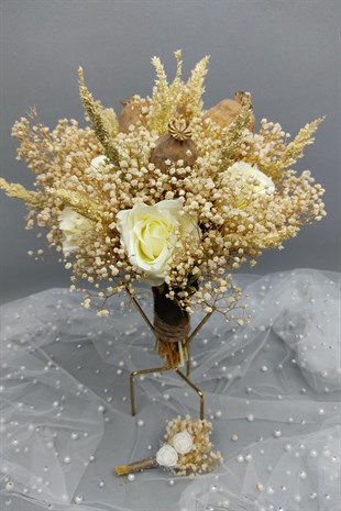 Cipsolu Krem Gül Gelin Buketi Ve Damat Yaka Çiçeği