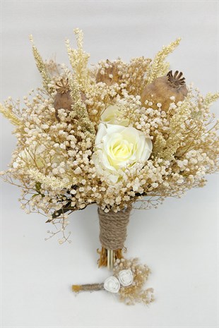 Cipsolu Krem Gül Gelin Buketi Ve Damat Yaka Çiçeği