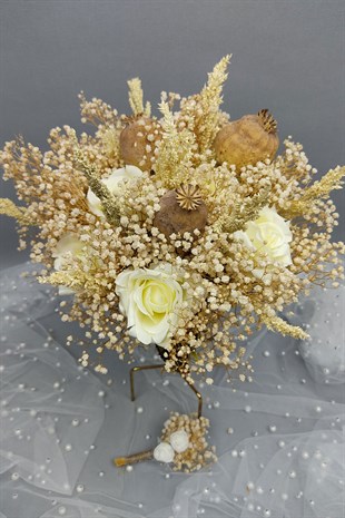 Cipsolu Krem Gül Gelin Buketi Ve Damat Yaka Çiçeği