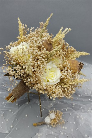 Cipsolu Krem Gül Gelin Buketi Ve Damat Yaka Çiçeği