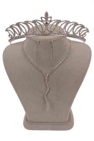 Dalgalı Venüs Şık Kristal Taşlı Abiye Kolye Küpe Seti Ve Lale Gelin Tacı