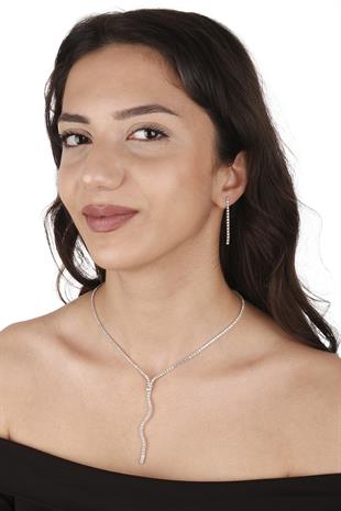 Dalgalı Venüs Şık Kristal Taşlı Abiye Kolye Küpe Seti Ve Çiçek Gelin Tacı