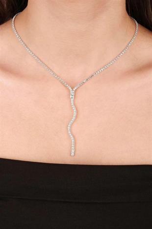 Dalgalı Venüs Şık Kristal Taşlı Abiye Kolye Küpe Seti Ve Ince Yaprak Gelin Tacı