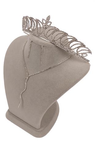 Dalgalı Venüs Şık Kristal Taşlı Abiye Kolye Küpe Seti Ve Lale Gelin Tacı