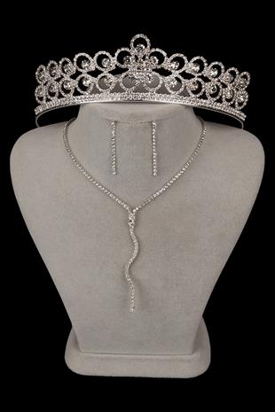 Dalgalı Venüs Şık Kristal Taşlı Abiye Kolye Küpe Seti Ve Çiçek Gelin Tacı