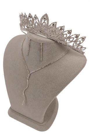 Wavy Venus Stylish Crystal Stone Evening Dress Necklace Earring Set and Thin Leaf Bridal Crown
