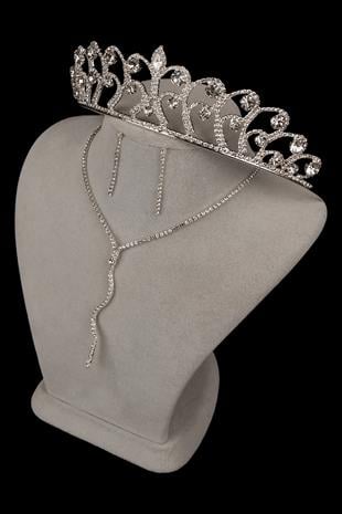 Dalgalı Venüs Şık Kristal Taşlı Abiye Kolye Küpe Seti Ve Gül Gelin Tacı