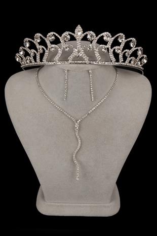 Dalgalı Venüs Şık Kristal Taşlı Abiye Kolye Küpe Seti Ve Gül Gelin Tacı