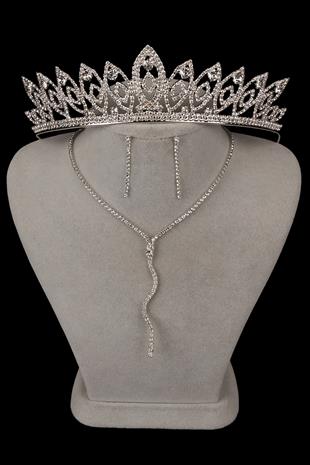 Wavy Venus Stylish Crystal Stone Evening Dress Necklace Earring Set and Thin Leaf Bridal Crown